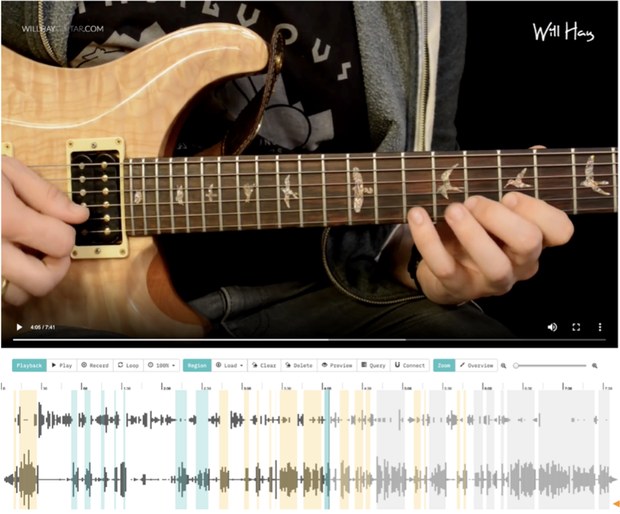 Soloist interface: guitar lesson video above an audio timeline